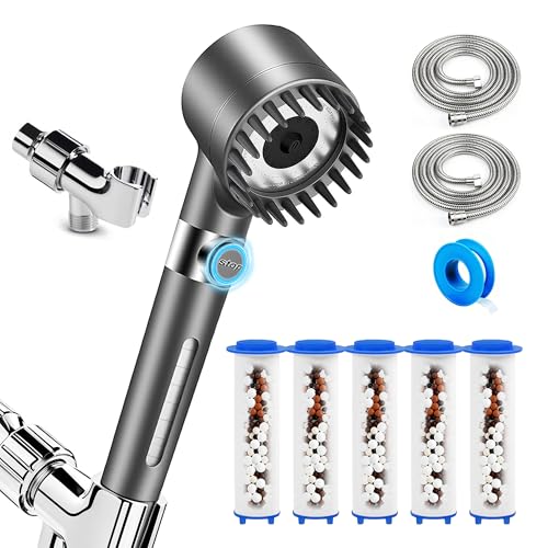 High Pressure Shower Head Ionic Technology Filtered with Handheld | 3 Spray Modes Shower Head and 5 Replaceable Filters,2 Hoses Power Wash for Hard Water, with ON/OFF Switch ﻿