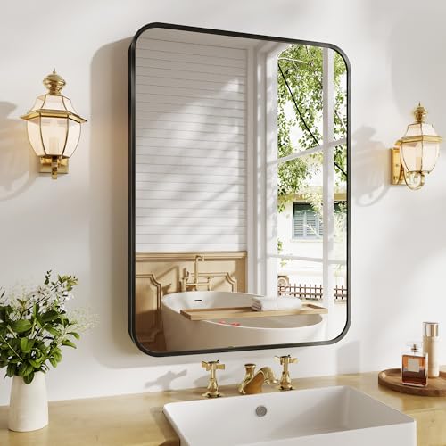Koonmi Metal Framed Bathroom Mirror, 22"X30" Anti-Rust Bathroom Vanity Mirror, High-Definition Tempered Glass Bathroom Mirrors for Over Sink, Modern Decorative Wall Mirror for Restroom - color: Rounded Edged, size: 30"L x 22"W