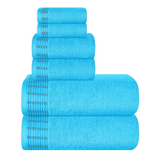 Ultra Soft 6 Pack Cotton Towel Set, Contains 2 Bath Towels 28x55 inch, 2 Hand Towels 16x24 inch & 2 Wash Cloths 12x12 inch, Ideal Everyday use, Compact & Lightweight - Turquoise Blue - color: Turquoise Blue, size: 6 Pack Set
