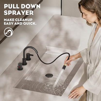 Pull Out Sprayer Matte Black 8 Inch Bathroom Sink Faucet, Widespread 2 Handles 3 Hole Pull Down Bathroom Faucet, with Pop Up Drain and Water Supply Line, BF04022-K01-MB - color: Matte Black