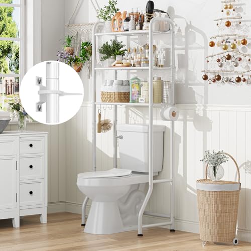 Simple Trending Over The Toilet Storage Rack, Metal 3 Tier Bathroom Organizer Shelf with Paper Holder and 3 Hooks, Freestanding Shelf Space Saver Above Toilet, White - color: 3-tier White