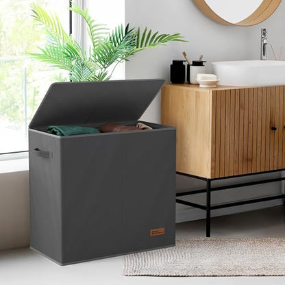 Simple Houseware Double Laundry Hamper with Lid & Removable Bags, Dark Gray | Heavy Duty 600D Polyester, Water-Resistant Surface - color: Dark Grey