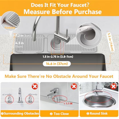14.6 inch Faucet Mat for Kitchen Sink Splash Guard[7° Slope Fast Self-draining][Snap Lock Fit]Kitchen Sink Faucet Mat Splash Guard Kitchen Sink Area Water Splash Guard Behind Faucet Draining Mat - color: Light Gray, size: 14.6" x 5.5"
