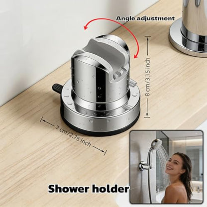 Vacuum Suction Cup Shower Head Holder, Adjustable Height No Drill Shower Arm Bracket with 360° Swivel, Handheld Shower Holder for Tile/Glass, Chrome Finish, Strong Hold for up to 11 lbs