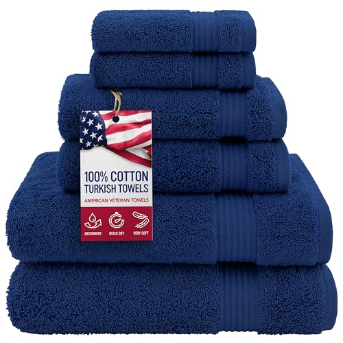 American Veteran 100% Cotton Turkish 6 Piece Luxury Towel Set - 2 Bath, 2 Hand, 2 Washcloths in Navy Blue - color: Navy Blue, size: XL 6PC