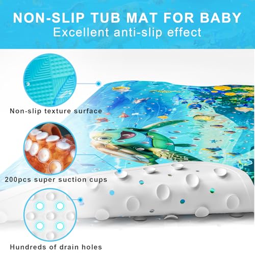 Baby Bath Mat for Tub Non Slip Kids, BPA Free Extra Long Bathtub Mat 40x16 with Drain Holes and 200 Suction Cups, Non Toxic Machine Washable Toddler Bath Mat, No Fading, Sea - color: X-turtle 1