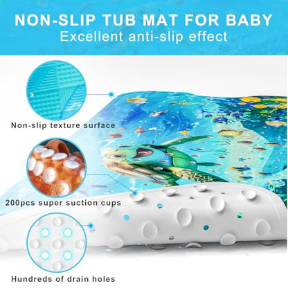 Baby Bath Mat for Tub Non Slip Kids, BPA Free Extra Long Bathtub Mat 40x16 with Drain Holes and 200 Suction Cups, Non Toxic Machine Washable Toddler Bath Mat, No Fading, Sea - color: X-turtle 1