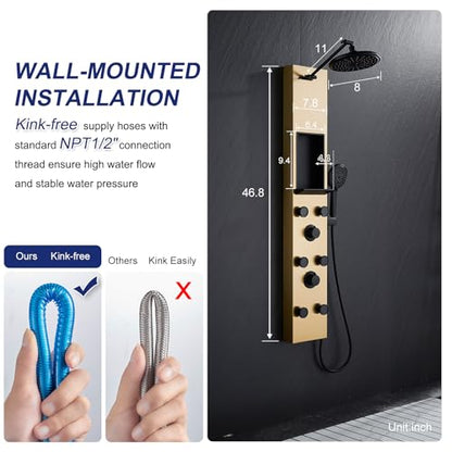 ROVATE Shower Panel Tower with Shelf & Adjustable Shower Arm, Brushed Gold | Stainless Steel Shower Column with 6 Adjustable Body Jets, Self-Cleaning Rainfall Shower Head & Flexible Handheld, Wall Mount - color: Brushed Gold + Black
