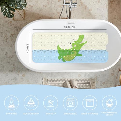 PRATIQUE Kids Bath Mat for Tub Non Slip，40 X 16 Inch Extra Long Kids Bathtub Mat Crocodile Bathtub Shower Mat Safety Anti Slip with Suction Cups and Drain Holes, Machine Washable - color: Crocodile