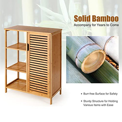Tangkula Bamboo Bathroom Floor Cabinet, Storage Cabinet with Shutter Door and 3 Tier Shelves, Freestanding Bathroom Cabinet for Living Room Kitchen Hallway, Natural - style: Single Door