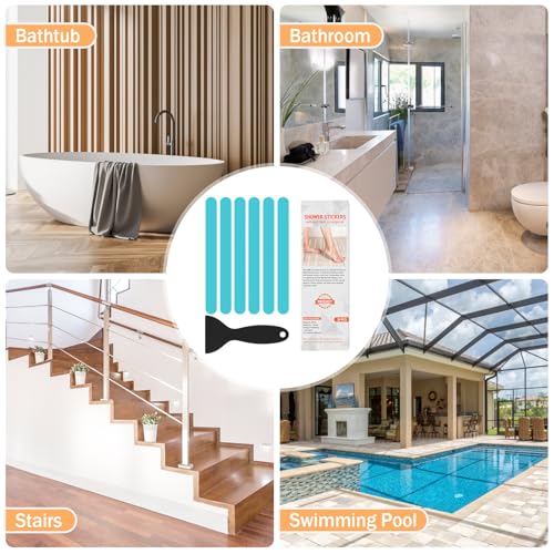Non Slip Bathtub Stickers, 24 PCS Shower Stickers for Safety Bathroom Tubs, Bathtub Non Slip Stickers and Adhesive Decals Scraper for Bath Tub, Shower Floor, Stairs, Ladders (Blue) - color: Blue
