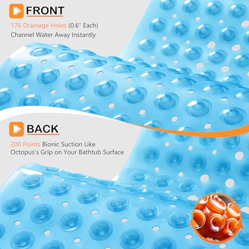 Yimobra Non Slip Bathtub Mat 40 x 16 Inch, Extra Long Shower Mat with Drain Holes, Machine Washable Baby Bath Mats, Strong Suction Cups for Bathroom Floor, Clear Blue - color: Clear Blue