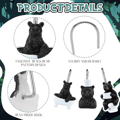 Roowest 12 Pcs Black Bear Shower Curtain Hooks Funny Bear Shower Curtain Hooks Stainless Steel Rust Resistant Rings Hangers for Winter Farmhouse Rustic Bathroom Decor - style: Black Bear