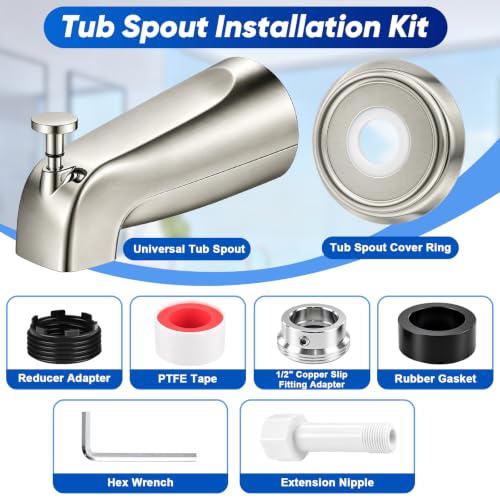 Universal Brushed Nickel Tub Spout with Diverter, Metal Cover and Adapter | Pull Down Bathroom Tub Faucet Replacement, for 1/2" Copper Pipe, 1/2" IPS & 3/4" IPS threaded, Bathtub Spout with Hex Wrench - color: Brushed Nickel