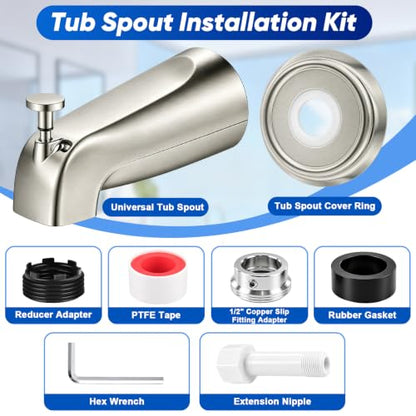 Universal Brushed Nickel Tub Spout with Diverter, Metal Cover and Adapter | Pull Down Bathroom Tub Faucet Replacement, for 1/2" Copper Pipe, 1/2" IPS & 3/4" IPS threaded, Bathtub Spout with Hex Wrench - color: Brushed Nickel