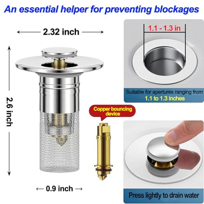 Bathroom Sink Drain Strainer, Pop-up Sink Stopper Hair Catcher with Removable Stainless Steel Filter Basket,Universal Drain Plug Filter Replacement for Bathroom Shower Sink Stopper(2Pcs)