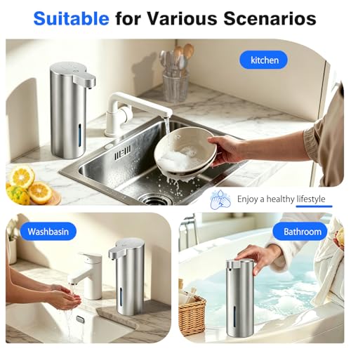 Touchless Automatic Liquid Soap Dispenser, Stainless Steel, Rechargeable | 4 Levels Adjustable, No Clog,13.5oz Capacity,IPX5 Waterproof, Wall Mount, For Hand & Dish Soap, Bathroom Kitchen Hotel Use - color: Stainless Steel