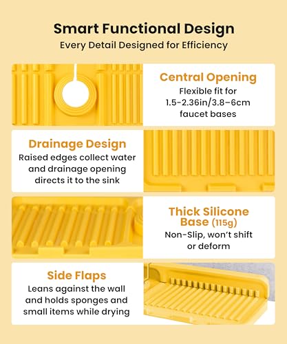 Sink Splash Guard – Pack of 2 Silicone Faucet Mats Non-Slip Foldable Drip Catcher for Kitchen & Bathroom, Green & Yellow 15.7 x 4.7 in Dish Soap & Sponge Hand Sanitzer Organizer Moho Prevention