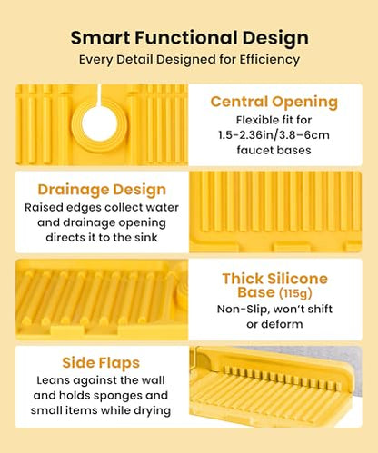 Sink Splash Guard – Pack of 2 Silicone Faucet Mats Non-Slip Foldable Drip Catcher for Kitchen & Bathroom, Green & Yellow 15.7 x 4.7 in Dish Soap & Sponge Hand Sanitzer Organizer Moho Prevention