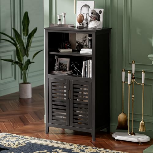 HITNET Black Bathroom Storage Cabinet, Freestanding Bamboo Floor Cabinet 5 Tier Tall Kitchen Cupboard with Door and Removable Shelves - color: Black