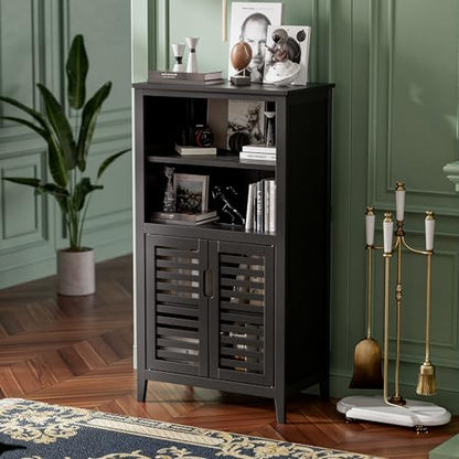 HITNET Black Bathroom Storage Cabinet, Freestanding Bamboo Floor Cabinet 5 Tier Tall Kitchen Cupboard with Door and Removable Shelves - color: Black