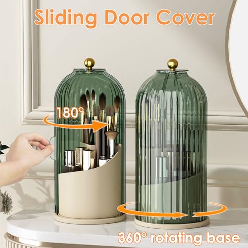 YOOLENS Makeup Brush Holder with Lid 360 Rotating Clear Dustproof Make Up Organizers for Vanity Bathroom Countertop, Green Beige - color: Green/Beige