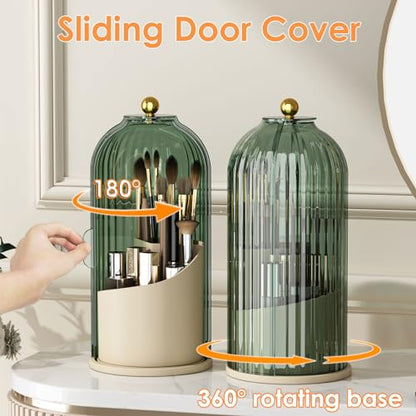 YOOLENS Makeup Brush Holder with Lid 360 Rotating Clear Dustproof Make Up Organizers for Vanity Bathroom Countertop, Green Beige - color: Green/Beige