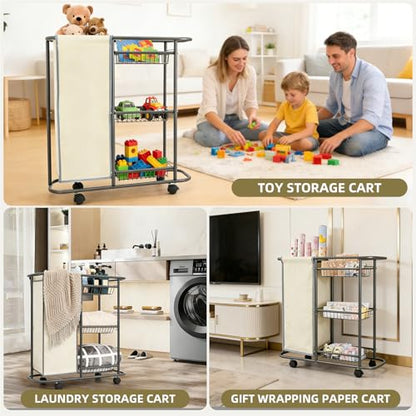 Rolling Laundry Basket with Wheels and Handle,3 Storage Baskets, 45 L Bag | Heavy Duty Laundry Cart, Space Saving Laundry Room Organization - color: Beige
