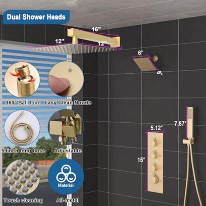 Enga Thermostatic Dual Shower System, 12"+6" Wall Mount Dual Rain Shower Faucet, All Functions Use Together & Volume Adjustable, Brushed Gold - color: Brushed Gold, style: ‎12"+6" Head