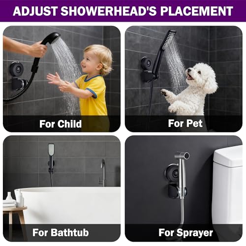 JOMOLA Adjustable Shower Head Holder with Suction Cup, Universal Handheld Shower Bracket for Different Wall, Matte Black Stainless Steel Relocatable Shower Caddy for Family - style: Matte Black