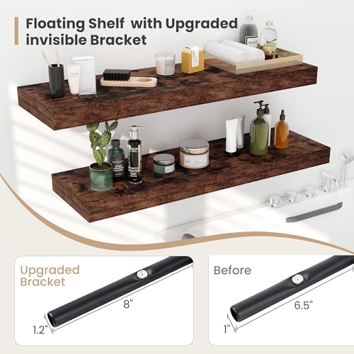 Heimlove 12 Inch Deep Floating Shelves,12 Inch Wide Small Wall Shelves Set of 2, 2 Inch Thick Invisible Wall Mounted Shelves for Bathroom Bedroom Nursery,Rustic Brown - color: Rustic Brown, size: 12"W x 12"D x 2"H, Set of 2