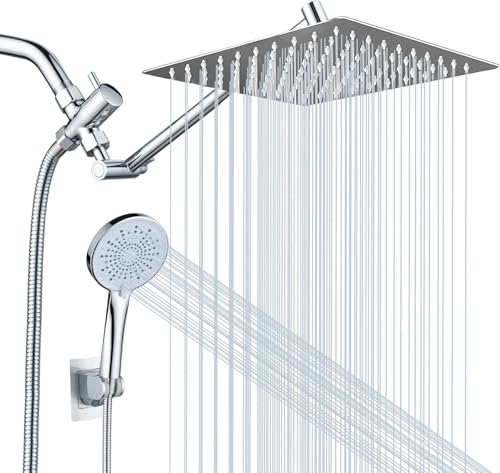 Peicuai Shower Head Combo, 10 Inch High Pressure Rain Shower Head with 11 Inch Adjustable Extension Arm, 5-Setting Handheld Shower with Long Hose, Powerful Spray for Low Water Pressure - color: 10-Inch Chrome
