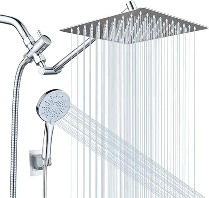 Peicuai Shower Head Combo, 10 Inch High Pressure Rain Shower Head with 11 Inch Adjustable Extension Arm, 5-Setting Handheld Shower with Long Hose, Powerful Spray for Low Water Pressure - color: 10-Inch Chrome