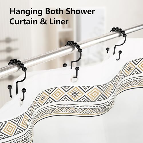 Resze 12 Pcs Shower Curtain Hooks, Metal Double Shower Curtain Rings,Black | Glide Roller Shower Hooks, Rust-Resistant Anti-Drop Shower Rings, Smooth Sliding Hooks for Bathroom Shower Rods Curtains - color: Black