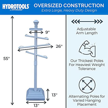 SWIMLINE HYDROTOOLS 89033 Premium Free Standing Poolside Valet Towel Rack Adjustable With Water Weighted Base Three Arms Secure Clips For Outdoors & Indoors Pool Patio Poolside Holder Drying Stand - color: Premium Rack (Gray)