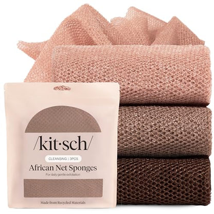 Kitsch African Net Sponge – Exfoliating Body Scrubber – Rosewood, 3 Pcs | for Cleansing & Gentle Daily Exfoliation – Stretchable Bath Sponge for Hard-to-Reach Areas – Long-Lasting Shower Essential - color: Rosewood