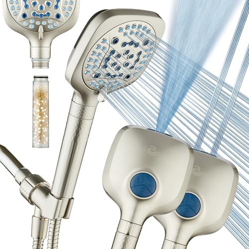 AquaCare 4X High Pressure 10 Spray Mode Filtered Showerhead - Handheld Shower Head Filters Chlorine to Heal Dry Skin, Revive Hair - Dual Power Wash Cleans Tub, Tile, Pets - Hard Water Softener, Nickel - color: Satin Nickel