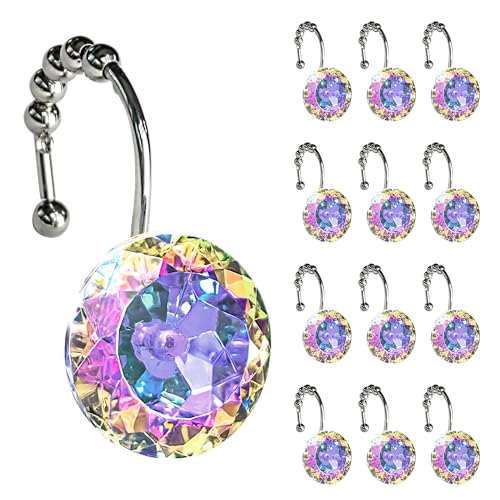 Sunlit Luxury Design Round Diamond Crystal Gem Bling with Glide Balls Shower Curtain Hooks, Rainbow Colorful Rust Proof Metal Rhinestones Mermaid Shower Curtain Rings for Girls-12 Pack - color: Crystal Ab