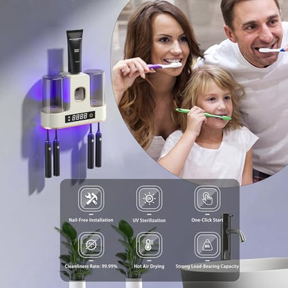 Electric Toothbrush Holders for Bathrooms, Dustproof Smart Toothbrush Holder Wall Mounted - 4 Brush/2 Cups, Auto Toothpaste Dispenser, Hot Air Drying & LCD Display,Toothbrush Cleaner (White) - color: White