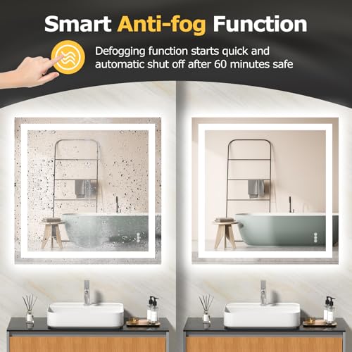 Hivone 36"X36" LED Bathroom Mirror with Lights, Anti-Fog, Dimmable, Backlit + Front Lit, Smart Bathroom Vanity Mirror, Memory Function, Shatterproof, Tempered Glass (Horizontal/Vertical) - size: 36"L x 36"W