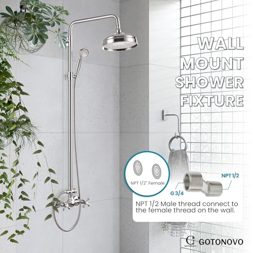 gotonovo Exposed Shower System Wall Mount,Brushed Nickel,Metal Handheld | 8” Rain Shower Head Faucet Set Fixtures,2 Function,Two Cross Handle,Height Adjustable,for 5-6.7" Hole,Indoor Victorian Retro - color: Nickel