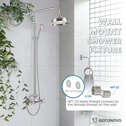 gotonovo Exposed Shower System Wall Mount,Brushed Nickel,Metal Handheld | 8” Rain Shower Head Faucet Set Fixtures,2 Function,Two Cross Handle,Height Adjustable,for 5-6.7" Hole,Indoor Victorian Retro - color: Nickel