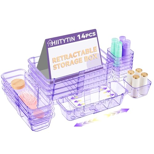 14 Pcs Adjustable Clear Drawer Organizer, Extendable Vanity Storage Bins, Desk Drawer Organizer Set for Makeup, Cosmetics, Bedroom, and Gadgets, Purple - color: Purple, size: 14 Pcs