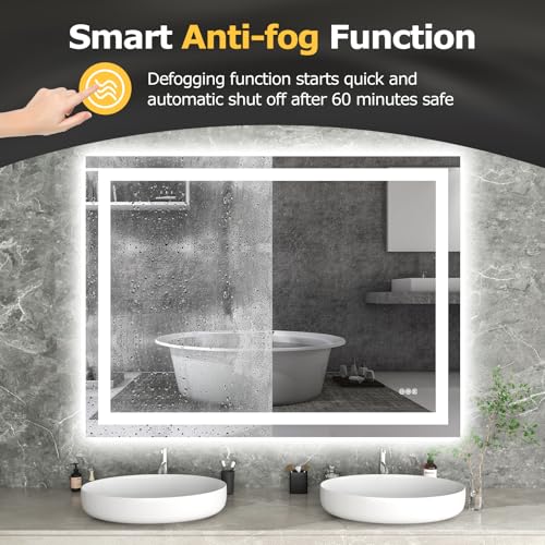 Hivone 48"X36" LED Bathroom Mirror with Lights, Anti-Fog, Dimmable, Backlit + Front Lit, Smart Bathroom Vanity Mirror, Memory Function, Shatterproof, Tempered Glass (Horizontal/Vertical) - size: 36"L x 48"W