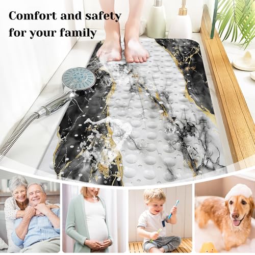 Marble Bath Tub Mat Non Slip, Blcak Gold White Marble Non Slip Bath Mat for Shower, Large Washable Shower Mats for Showers with Drain Holes and Suction Cups,40 X 16 Inch - color: Black White Marble