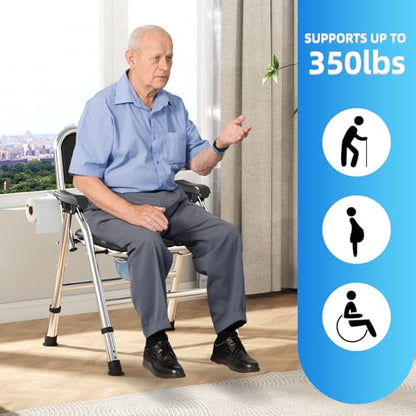 4 in 1 Folding Bedside Commode Chair for Elderly, Padded Seat & Backrest | Adjustable Height Raised Toilet Seat with Handles, Adults Potty Chair for Seniors, Disabled, Holds Up to 350 lbs - color: With Paper Roll Holder