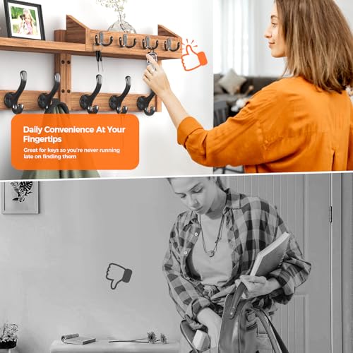 Evermagin 29" Coat Rack Wall Mount with Shelf & 11 Hooks, Entryway, Brown | Wooden Wall Mounted Coat and Key Rack with Hooks, Key Hanger with Mail Holder for Living Room, Mudroom, Bedroom - color: Brown, size: 29 inch