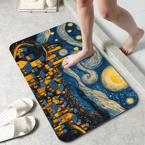 Bathroom Rug 29.5"x17",Night Sky Village Bath Mat with Non-Slip Rubber Backing, Quick-Drying Absorbent Thin Floor Mat for Bathroom, Shower, Sink, or Kitchen - color: Night Sky Village