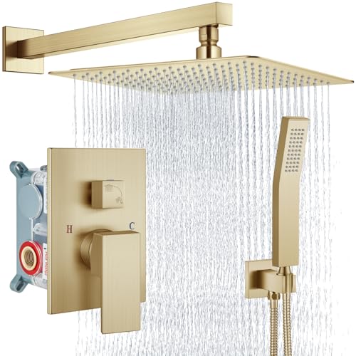 Aolemi Shower Faucet Set with Handheld Brushed Gold 16 Inch Head | Pressure Balance Shower Valve and Trim Kit,SUS304 Rain Head and Handle System,All Metal,Wall Mount,Bathroom,Handheld Spray - color: Gold, size: 16 Inch Wall Mount Shower Head