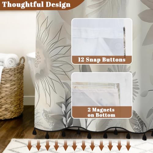 Boho Floral Shower Curtain with Snap in Liner & Tassels, 71x77 Inch | No Hook Needed, Double Layer Waterproof Bath Tub Curtain with Mesh Top, Abstract Botanical Design for Modern Neutral Bathroom - color: Boho Flower